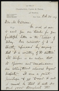 Letter from Daniel Henry Chamberlain, Law Office of Chamberlain, Carter & Eaton, 346 Broadway, New York, [N.Y.], to William Lloyd Garrison, Oct. 30, 1877