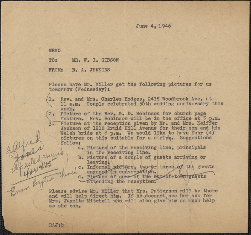 Memo from R. A. Jenkins to W. I. Gibson, 1946 June 4