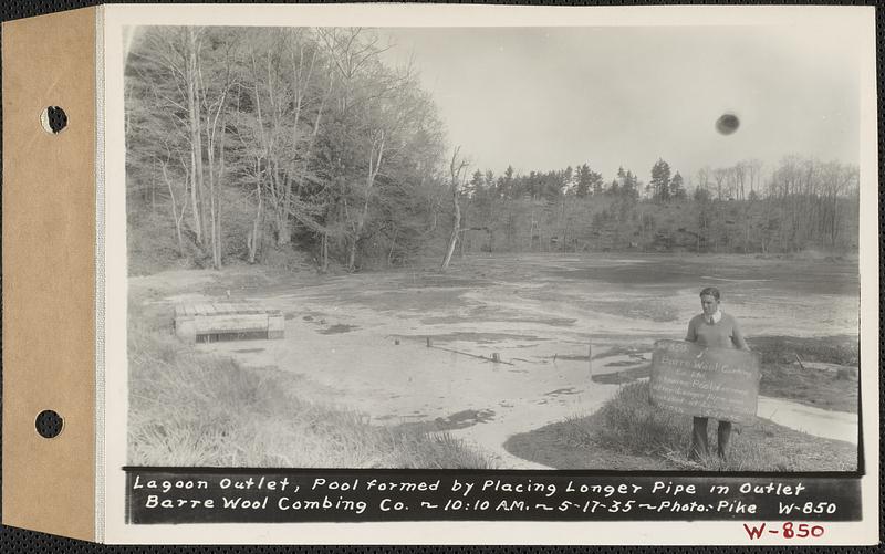 Barre Wool Combing Co. Ltd., showing pool formed after longer pipe was installed at lagoon outlet, Barre, Mass., 10:10 AM, May 17, 1935