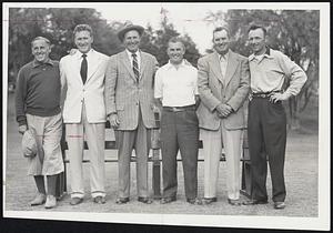 New England District Qualifiers for the National PGA Championship to be held in Louisville, Ky., June 18-24 are, left to right, Charley Sheppard, Brae Burn; George Morrison, Hyannis Port; John Kent, Wellesley; Everett Stuart, Nantucket; Jim Browning, Weston, and Phil Friel, Nashua. They became eligible by winning the six qualifying berths in the sectional trials yesterday at the Brae Burn Country Club.