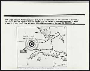 Miami: Hurricane Inez, which has been stalled near the end of the chain of Florida Keys is reported back on course 10/5 and headed to the west-southwest at about 7 mph. At 5 P.M. (EST) Inez was about 120 miles northwest of Havana.