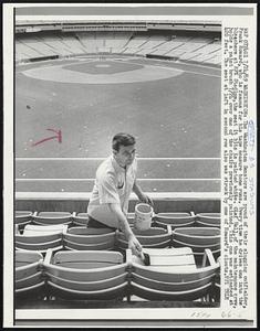 The Washington Senators are proud of their slugging outfielder, Frank Howard, who is famous for his tape measure home runs. Every time he drives one into the bleachers at RFK Stadium, the seat it hits is painted white. Olaf Hall, of the maintenance crew, holds a paint brush 7/24 over one of the chairs previously painted. This one was estimated at 420 feet. The seat at left in second row also was struck by one of Howard’s clouts.