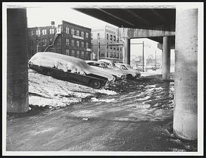 Towed Cars From Boston Street Under Expressway on Albany St. Weather Snowst 2/24/69