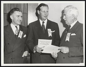 Reception Tendered Tobin by C.O.F. at Statler. L to R Louis E. Caron New England Supervisor of C.O.F. Secretary of Labor Tobin and Thomas H. Heaney of Chicago International High Chief Ranger.