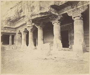 General view from the right of porch and entrance to Buddhist Vihara, Cave I, Ajanta