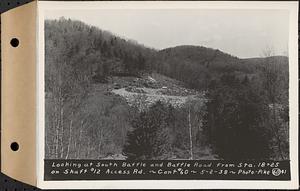 Contract No. 60, Access Roads to Shaft 12, Quabbin Aqueduct, Hardwick and Greenwich, looking at south Baffle and Baffle Road from Sta. 18+25 on Shaft 12 Access Rd., Greenwich and Hardwick, Mass., May 2, 1938