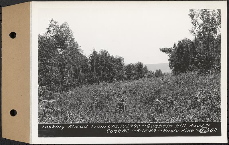 Contract No. 82, Constructing Quabbin Hill Road, Ware, looking ahead from Sta. 102+00, Ware, Mass., Jun. 15, 1939