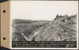 Contract No. 80, High Level Distribution Reservoir, Weston, looking west from Sta. 885+10+/- showing upper invert of twin aqueduct line, high level distribution reservoir, Weston, Mass., Apr. 17, 1940