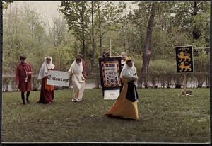 Maypole and costumed actors/musicians- Friends of Lawrence Library, at Lawrence Library