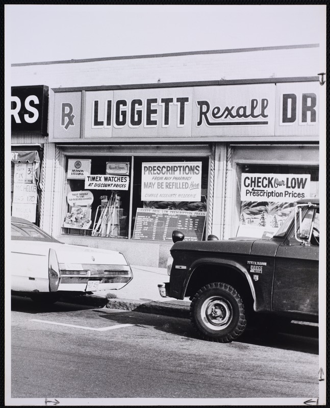 Business and shopping. Newton, MA. Liggett Rexall, West Newton