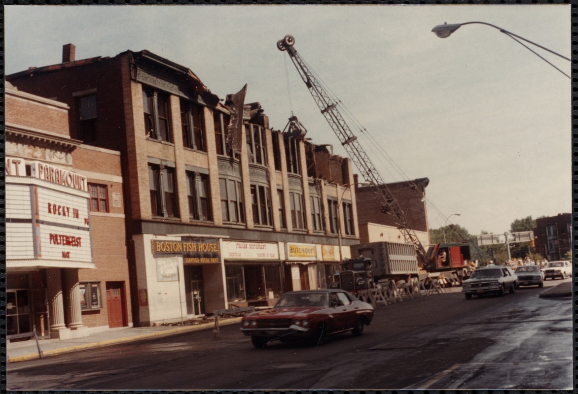 Demolition crane, Paramount Movie Theatre, Newton Corner. Newton, MA