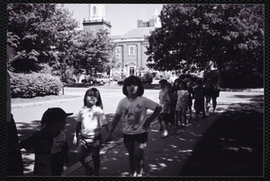 Newton Free Library, Newton, MA. PR pictures. Children arriving for library visit