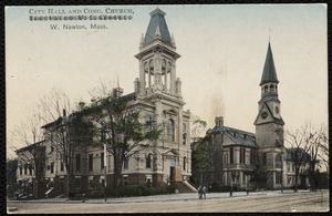 Villages of Newton, MA. West Newton. First City Hall & Congregational Church (postcard)