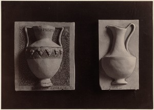 Two clay models of types of vases (modelled from outlines, drawn by pupil on paper). Hancock School, class III - girls