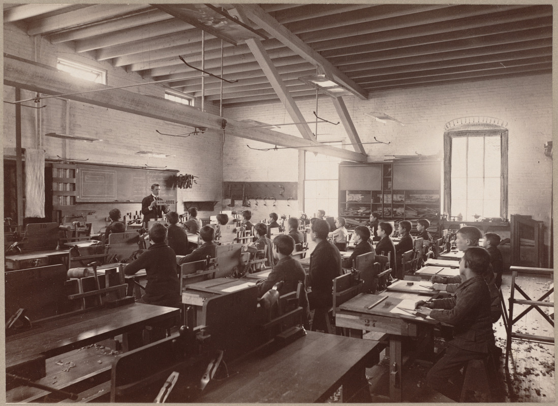 Wood-working room, North Bennet Street. Mr. Eddy giving instruction to the class.