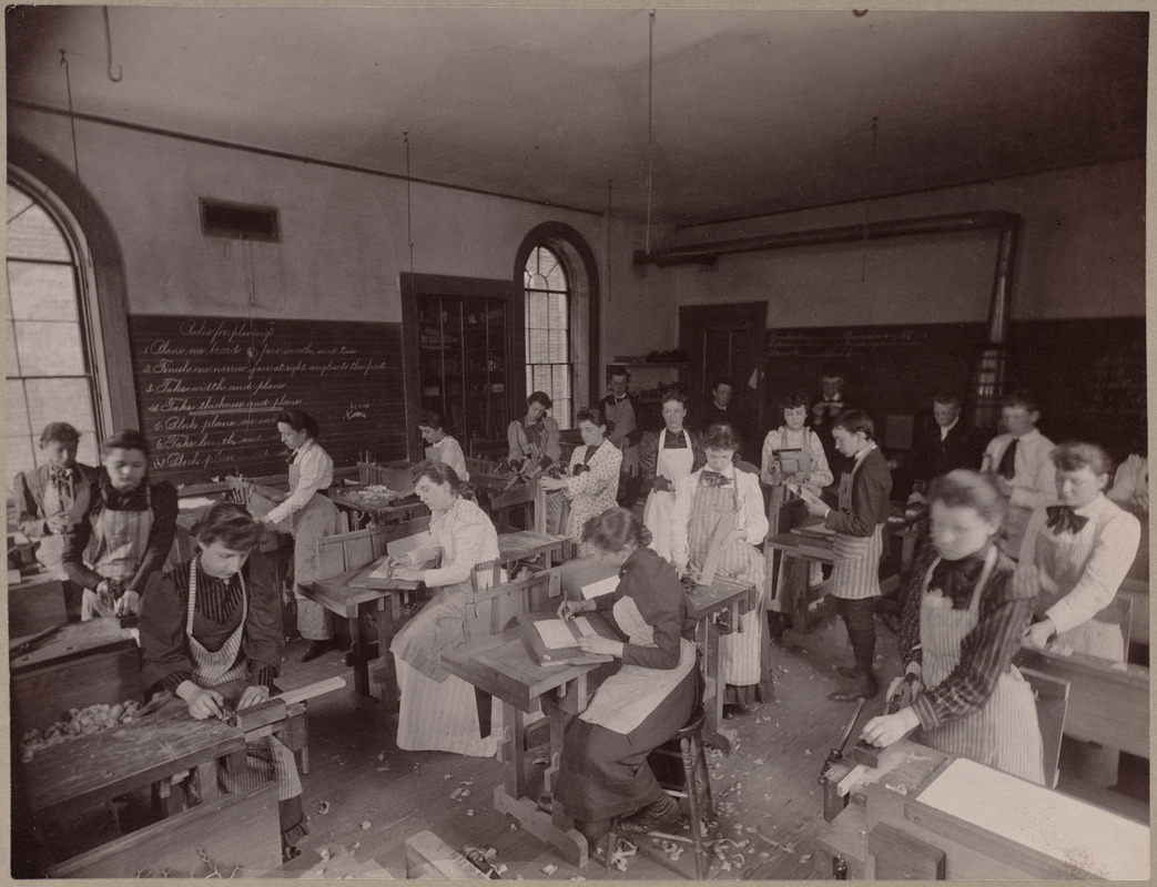 Class of girls working at sloyd. Lyman School, East Boston.