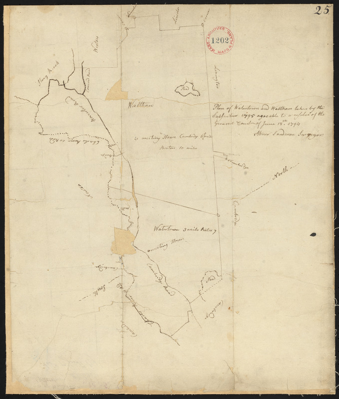 Plan of Watertown and Waltham surveyed by Abner Sanderson, dated 1795.