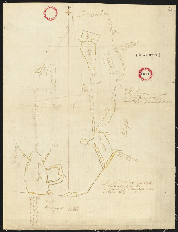 Plan of Mashpee, surveyor's name not given, probably Gideon Wood, dated [Fall, 1795]. See letter of Rev. Gideon Hawley, dated March 24, 1797, bound with, as to errors, etc.