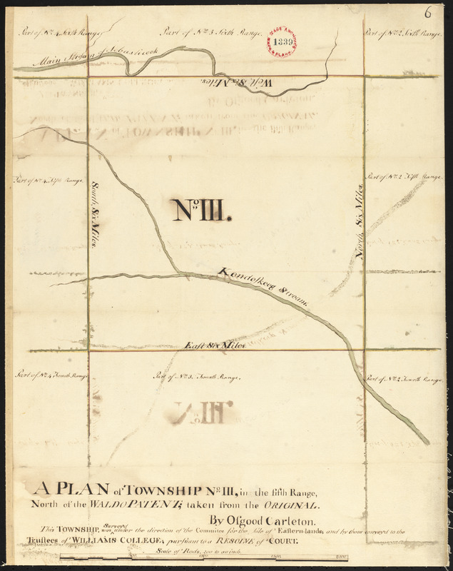 Plan surveyed by Osgood Carleton of Township No. 3 (Garland), granted Williams College, dated 1794-5.