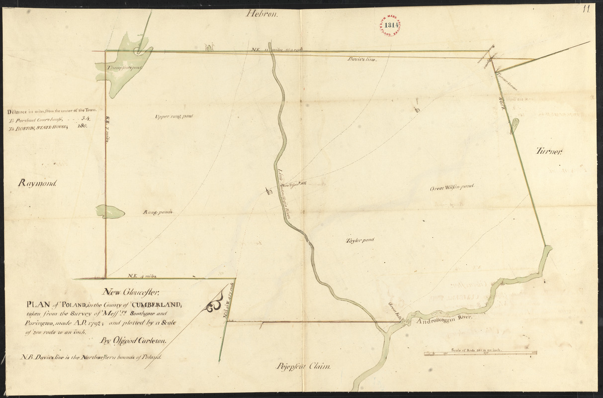 Plan of Poland (Bakerstown) surveyed by Osgood Carleton, dated 1792.