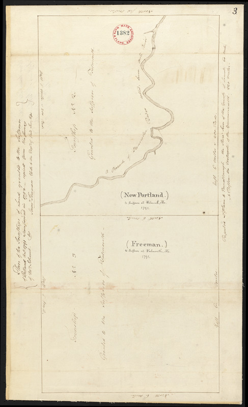 Plan of Township No.2 (Freeman) and Township No.3 (New Portland) surveyed by Samuel Freeman, dated 1795.