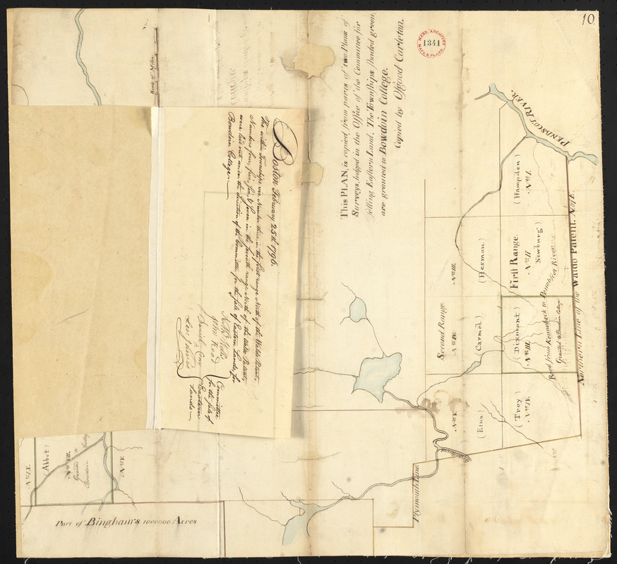 Plan of five townships granted to Bowdoin College (Abbot, Dixmont, Foxcroft, Guilford, Sebec) and of the six adjacent townships (Troy, Etna, Carmel, Hermon, Newburg, Hampden). Surveyor's name not given, dated 1794-5.