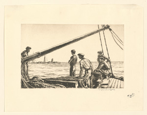 Salvage men approaching a torpedoed ship