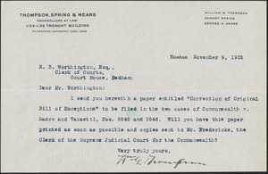 Letter from William G. Thompson to Robert B. Worthington, Clerk of Courts (Norfolk County)