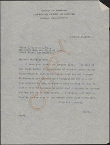 Letter from Robert B. Worthington, Clerk of Courts (Norfolk County) to Harry L. Fairfield, Messenger at Supreme Judicial Court