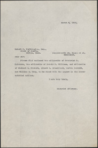 Letter from Harold P. Williams, District Attorney (Southeastern District) to Robert B. Worthington, Clerk of Courts (Norfolk County)