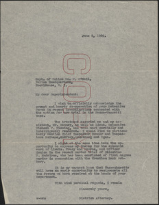 Letter from Winfield M. Wilbar, District Attorney (Southeastern District) to William F. O'Neil, Superintendent of Police (Providence, Rhode Island)