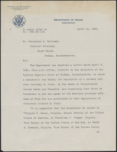 Letter from Wilbur Carr, Director of Consular Services (Department of State) to Frederick G. Katzmann, District Attorney (Southeastern District)