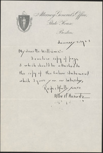 Letter from Albert Hurwitz, Massachusetts Assistant Attorney General to Harold P. Williams, District Attorney (Southeastern District)