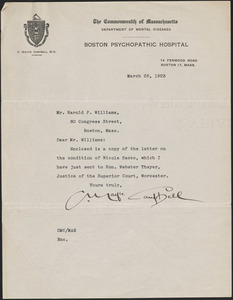 Letter from C. Macfie Campbell, Director of Boston Psychopathic Hospital to Harold P. Williams, District Attorney (Southeastern District)