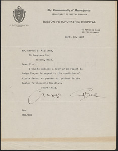 Letter from C. Macfie Campbell, Director of Boston Psychopathic Hospital to Harold P. Williams, District Attorney (Southeastern District)