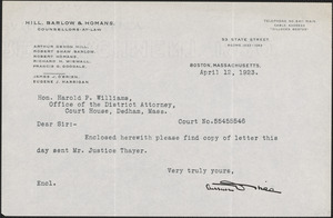 Letter from Arthur D. Hill to Harold P. Williams, District Attorney (Southeastern District)