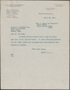 Letter from Arthur D. Hill to Harold P. Williams, District Attorney (Southeastern District)