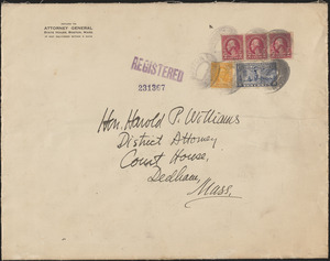 Envelope from Massachusetts Attorney General's Office to Harold P. Williams, District Attorney (Southeastern District)