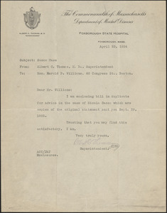 Letter from Albert C. Thomas, Superintendent of Foxborough State Hospital to Harold P. Williams, District Attorney (Southeastern District)
