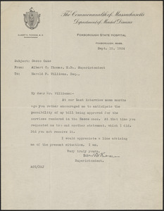 Letter from Albert C. Thomas, Superintendent of Foxborough State Hospital to Harold P. Williams, District Attorney (Southeastern District)