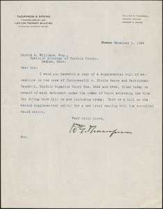 Letter from William G. Thompson to Harold P. Williams, District Attorney (Southeastern District)