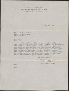 Letter from W. E. Everett, Assistant Clerk of Courts (Norfolk County) to Winfield M. Wilbar, District Attorney (Southeastern District)
