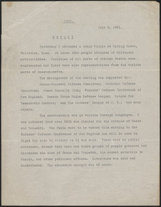 Report of a Grand Picnic in support of Sacco and Venzetti at Spring Grove, Wellesley, Massachusetts
