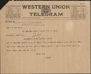 Telegrams to Lola Andrews from her son