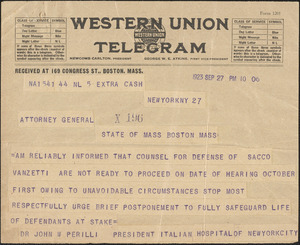 Telegram from John W. Perilli, President of Italian Hospital of New York City to Jay R. Benton, Massachusetts Attorney General