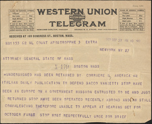 Telegram from Salvatore Albert Cotillo, New York State Senator to Jay R. Benton, Massachusetts Attorney General