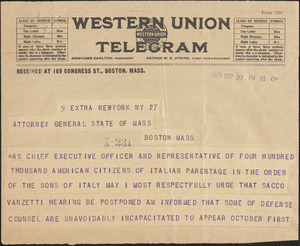 Telegram from Giovanni di Silvestro, Supreme Master of the Order of Sons of Italy in the United States to Jay R. Benton, Massachusetts Attorney General