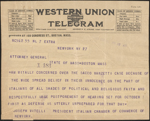 Telegram from Joseph Vitelli, President of Italian Chamber of Commerce of New York to Jay R. Benton, Massachusetts Attorney General