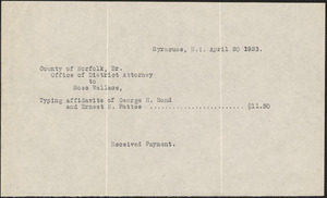 Receipt for payment from Office of District Attorney (County of Norfolk) to Rose Wallace for typing affidavits