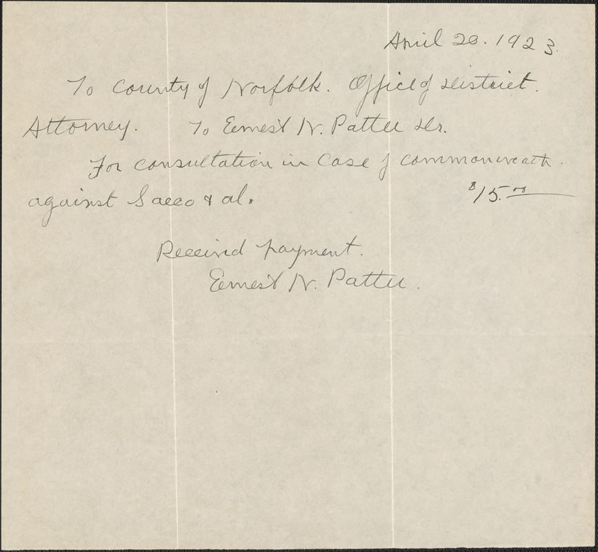 Receipt for payment from Office of District Attorney (County of Norfolk) to Ernest N. Pattee for legal consultation